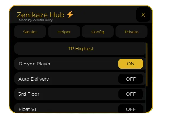 ZENIKAZE HUB Steal a Brainrot Script Anti Hit Desync, Base Teleport, High Jump, ESP Brainrot, Super Speed